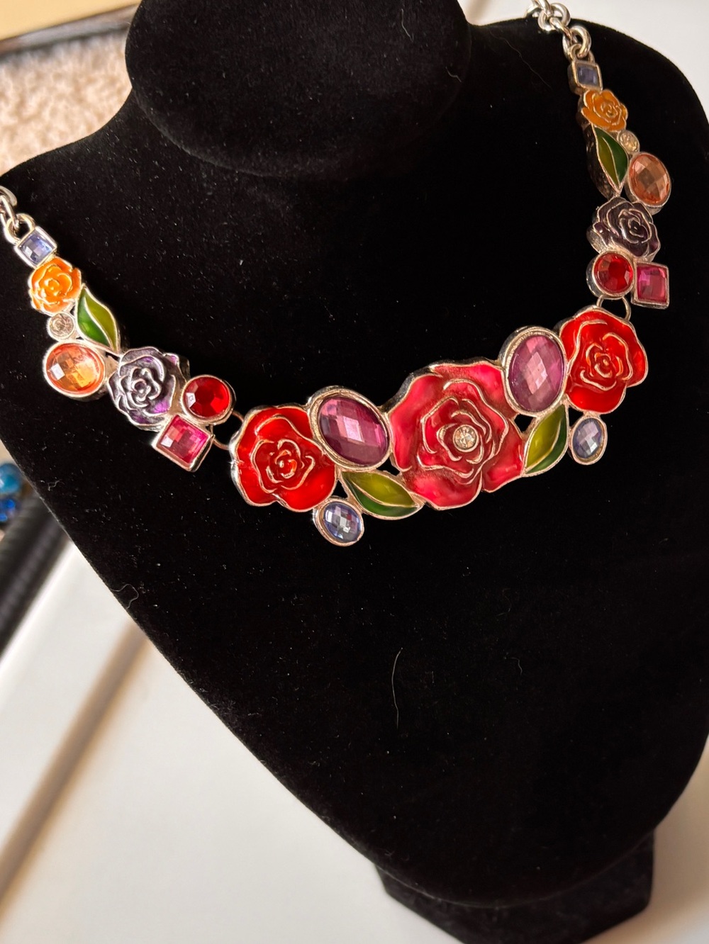 Floral Enamel Statement Necklace in Red, Pink, Purple, Green Chunky Retro